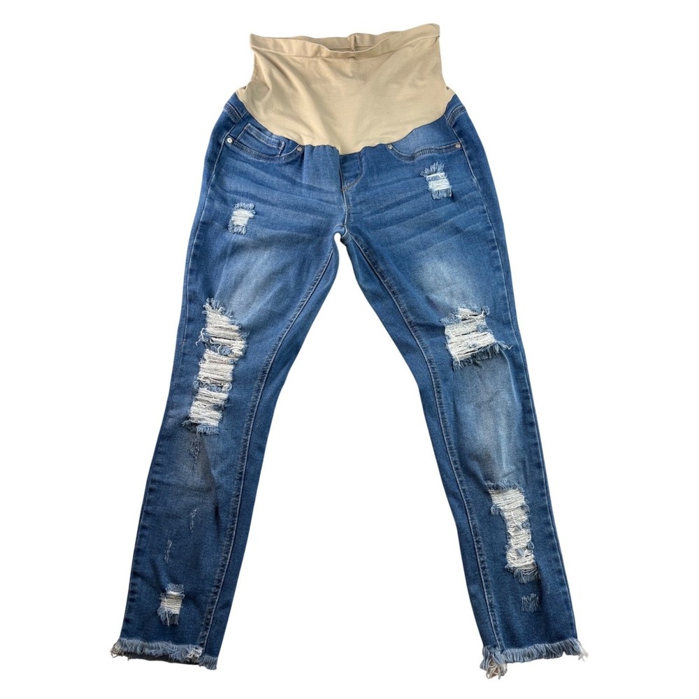 Blue Savvy Maternity Jeans Distressed Denim Comfortable Over‎ Belly Size Medium